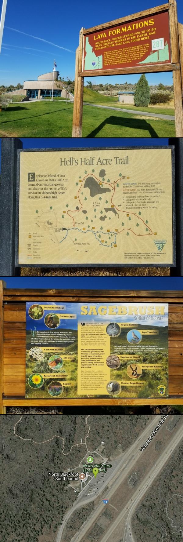 Hike at Hell's Half Acre Southbound Rest Stop near Blackfoot, Idaho. Maps, directions, and reviews. This is a well maintained rest area with facilities to keep you happy as you travel through Idaho. This rest stop on Interstate...