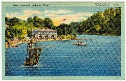 A vintage postcard view of the beach house, diving platform and swimmers at Lake Temescal courtesy of Tichnor Brothers, Publisher&nearr; (Public domain&nearr;)