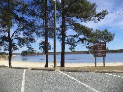 Pines framing the beach and the information sign from the parking area courtesy of Michael Rivera&nearr; (CC BY-SA 3.0&nearr;)