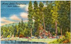 The conference center grounds on the south shore of Hume Lake courtesy of Tichnor Brothers, Publisher&nearr; (Public domain&nearr;)