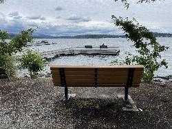 A shoreline bench at Medina Beach Park looking down onto the swim dock and its ladder. courtesy of Steven Pavlov&nearr; (CC BY-SA 4.0&nearr;)
