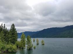 Cle Elum Lake, the reservoir downstream that the drive up Highway 903 follows on the way to Salmon L courtesy of ECTran71&nearr; (CC BY-SA 4.0&nearr;)