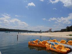 The buoy line marking the swim area, seen from the rental dock at the edge of the beach. courtesy of Virginia State Parks staff&nearr; (CC BY 2.0&nearr;)