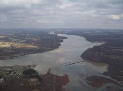 Rocky Fork Lake from the air, looking over the western end of the reservoir. courtesy of Nyttend&nearr; (Public domain&nearr;)