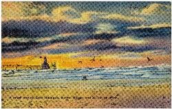 Heavy surf breaking past the St. Joseph pier lights on a postcard view of a rough day courtesy of Tichnor Brothers, Publisher&nearr; (Public domain&nearr;)