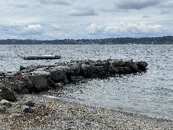 The rock jetty seen from the beach, with the park's swim float anchored in open water just past the  courtesy of Steven Pavlov&nearr; (CC BY-SA 4.0&nearr;)
