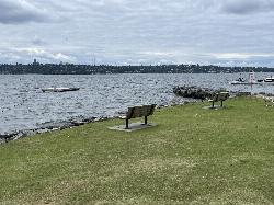 Lawn and benches along the rock-edged shoreline, looking across Lake Washington toward the Seattle s courtesy of Steven Pavlov&nearr; (CC BY-SA 4.0&nearr;)