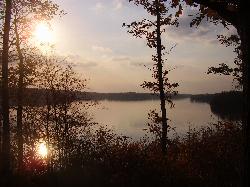 Sunset over Cowan Lake through the trees on the wooded shore. courtesy of Mason Brock (Masebrock)&nearr; (Public domain&nearr;)