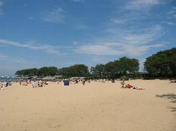 The east end of Ohio Street Beach, backed by the trees of Milton Lee Olive Park.