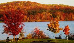 Fall color along the shore of Lake Arthur, with anglers at the water's edge. courtesy of ILoveCustard&nearr; (CC0&nearr;)