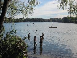 People wading in the shallows of Crystal Lake while paddlers cross the open water. courtesy of NewtonCourt&nearr; (CC BY-SA 4.0&nearr;)