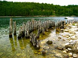 Old dock pilings in the clear water along the Fayette shoreline. courtesy of Mmeczarnik&nearr; (CC BY-SA 3.0&nearr;)