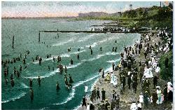 Bathers in the surf at Edgewater Beach on a 1909 postcard. added by freearenas (Public domain&nearr;)