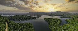 Panoramic aerial view of Santeetlah Lake near Cheoah Point at sunset. courtesy of Harrison Keely&nearr; (CC BY 4.0&nearr;)